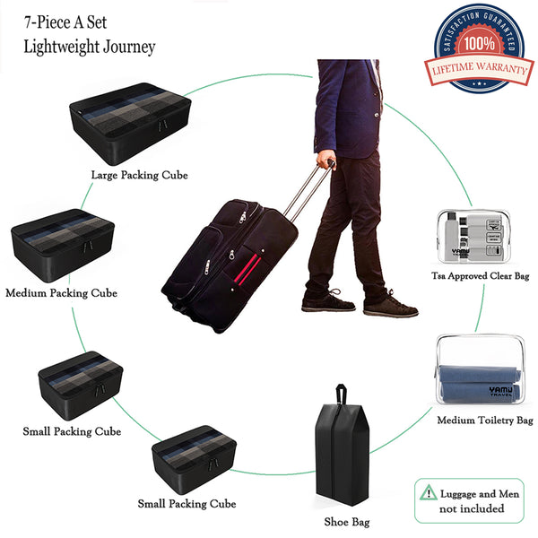 YAMIU 7-Pcs Travel Packing Cubes Including 2-pack Waterproof Toiletry Bags and Shoe Bag for Women Men(Black)