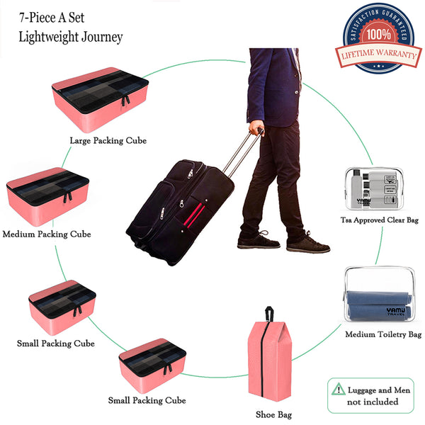 YAMIU 7-Pcs Travel Packing Cubes Including 2-pack Waterproof Toiletry Bags and Shoe Bag for Women Men(Pink)