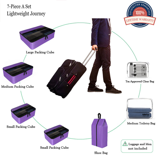 YAMIU 7-Pcs Travel Packing Cubes Including 2-pack Waterproof Toiletry Bags and Shoe Bag for Women Men(Purple)