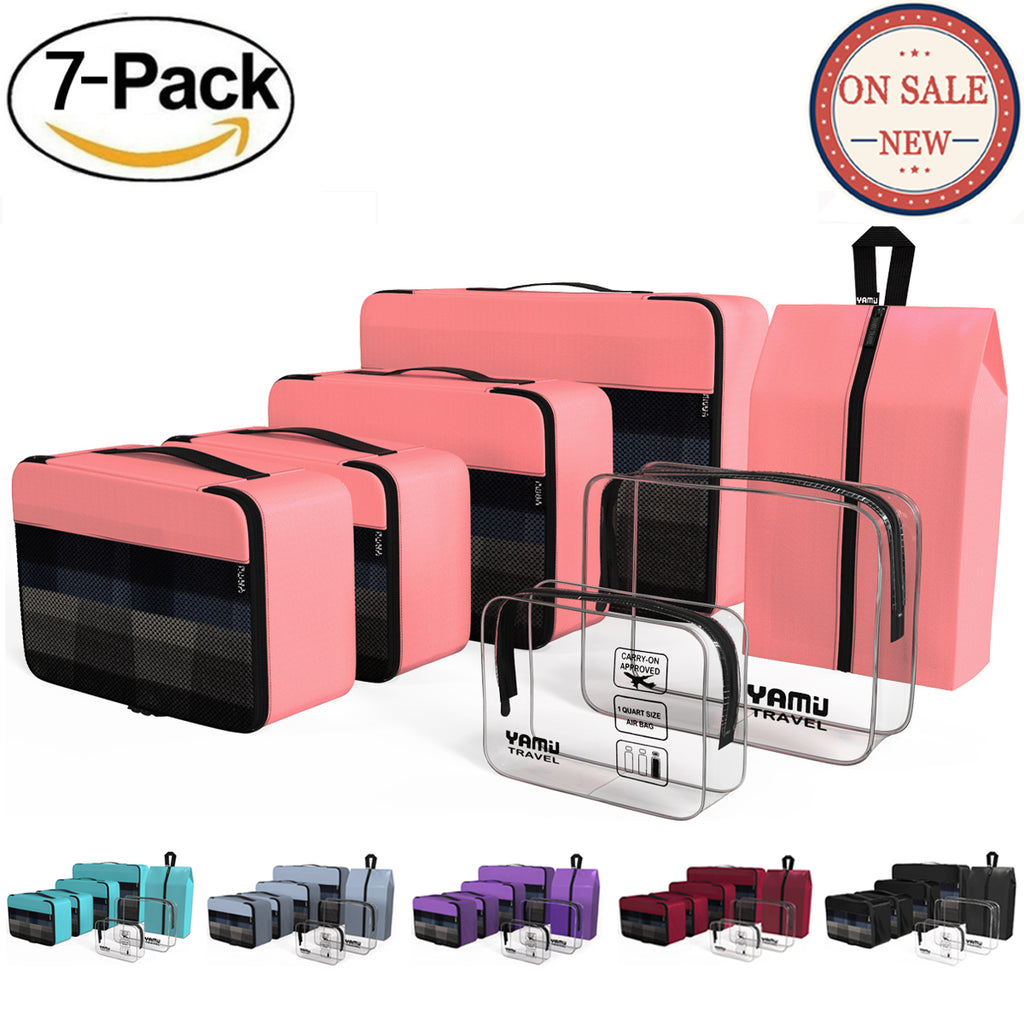 YAMIU 7-Pcs Travel Packing Cubes Including 2-pack Waterproof Toiletry Bags and Shoe Bag for Women Men(Pink)