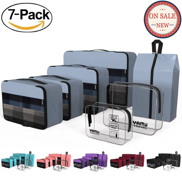 YAMIU 7-Pcs Travel Packing Cubes Including 2-pack Waterproof Toiletry Bags and Shoe Bag for Women Men(Grey)