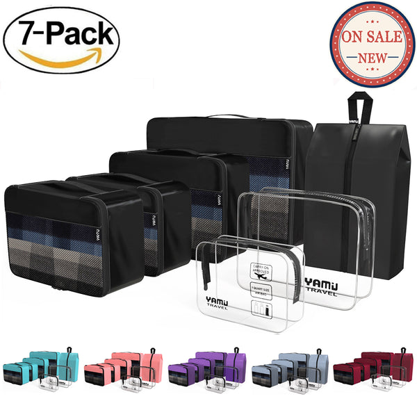 YAMIU 7-Pcs Travel Packing Cubes Including 2-pack Waterproof Toiletry Bags and Shoe Bag for Women Men(Black)