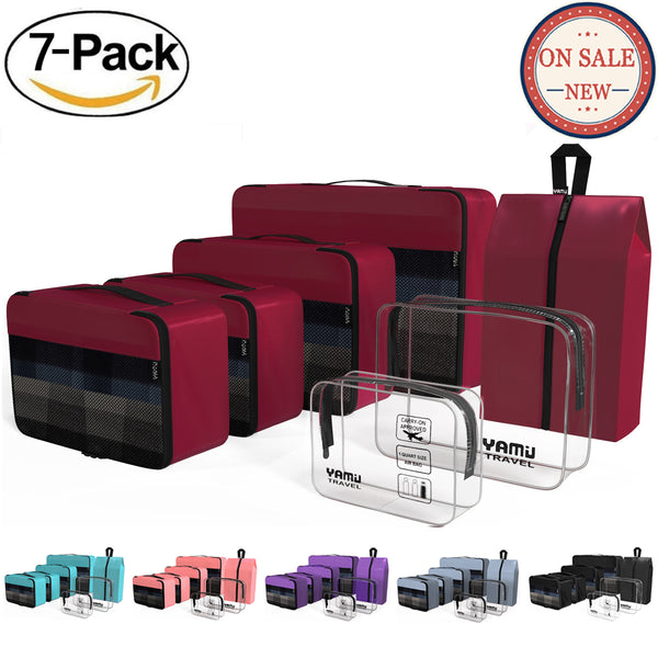 YAMIU 7-Pcs Travel Packing Cubes Including 2-pack Waterproof Toiletry Bags and Shoe Bag for Women Men(Red)