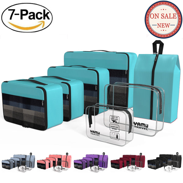 YAMIU 7-Pcs Travel Packing Cubes Including 2-pack Waterproof Toiletry Bags and Shoe Bag for Women Men(Aqua Green)