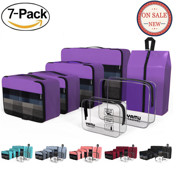 YAMIU 7-Pcs Travel Packing Cubes Including 2-pack Waterproof Toiletry Bags and Shoe Bag for Women Men(Purple)