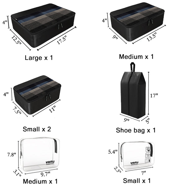 YAMIU 7-Pcs Travel Packing Cubes Including 2-pack Waterproof Toiletry Bags and Shoe Bag for Women Men(Black)
