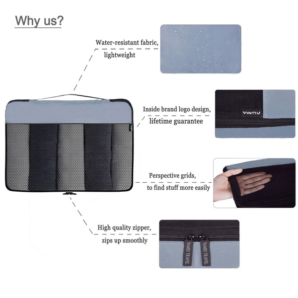 YAMIU 7-Pcs Travel Packing Cubes Including 2-pack Waterproof Toiletry Bags and Shoe Bag for Women Men(Grey)