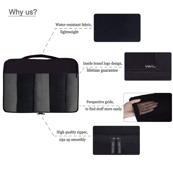 YAMIU 7-Pcs Travel Packing Cubes Including 2-pack Waterproof Toiletry Bags and Shoe Bag for Women Men(Black)