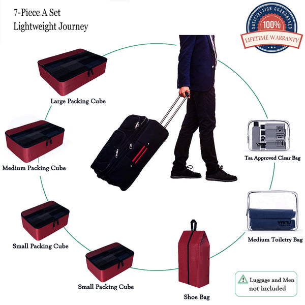 YAMIU 7-Pcs Travel Packing Cubes Including 2-pack Waterproof Toiletry Bags and Shoe Bag for Women Men(Red)