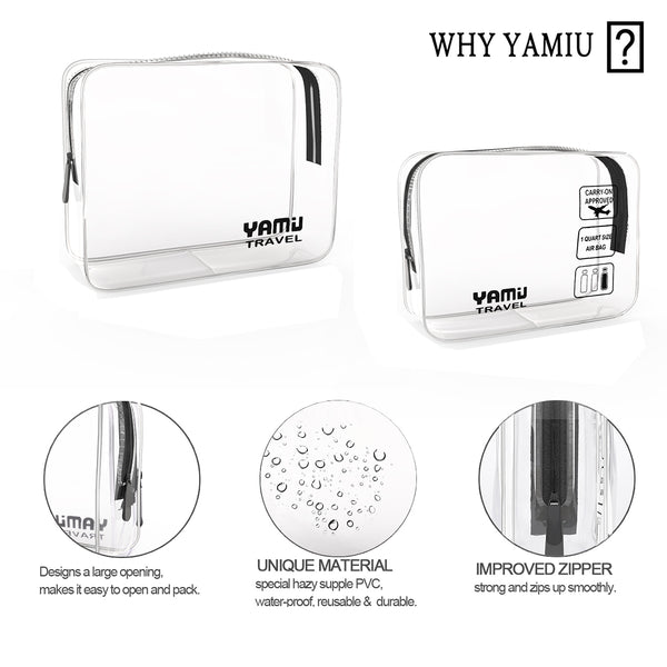 YAMIU Travel TSA Approved Toiletry Bag Waterproof Airline Clear Kit 3-1-1 TSA Quart Bag for Men&Women 2-Size(Black)